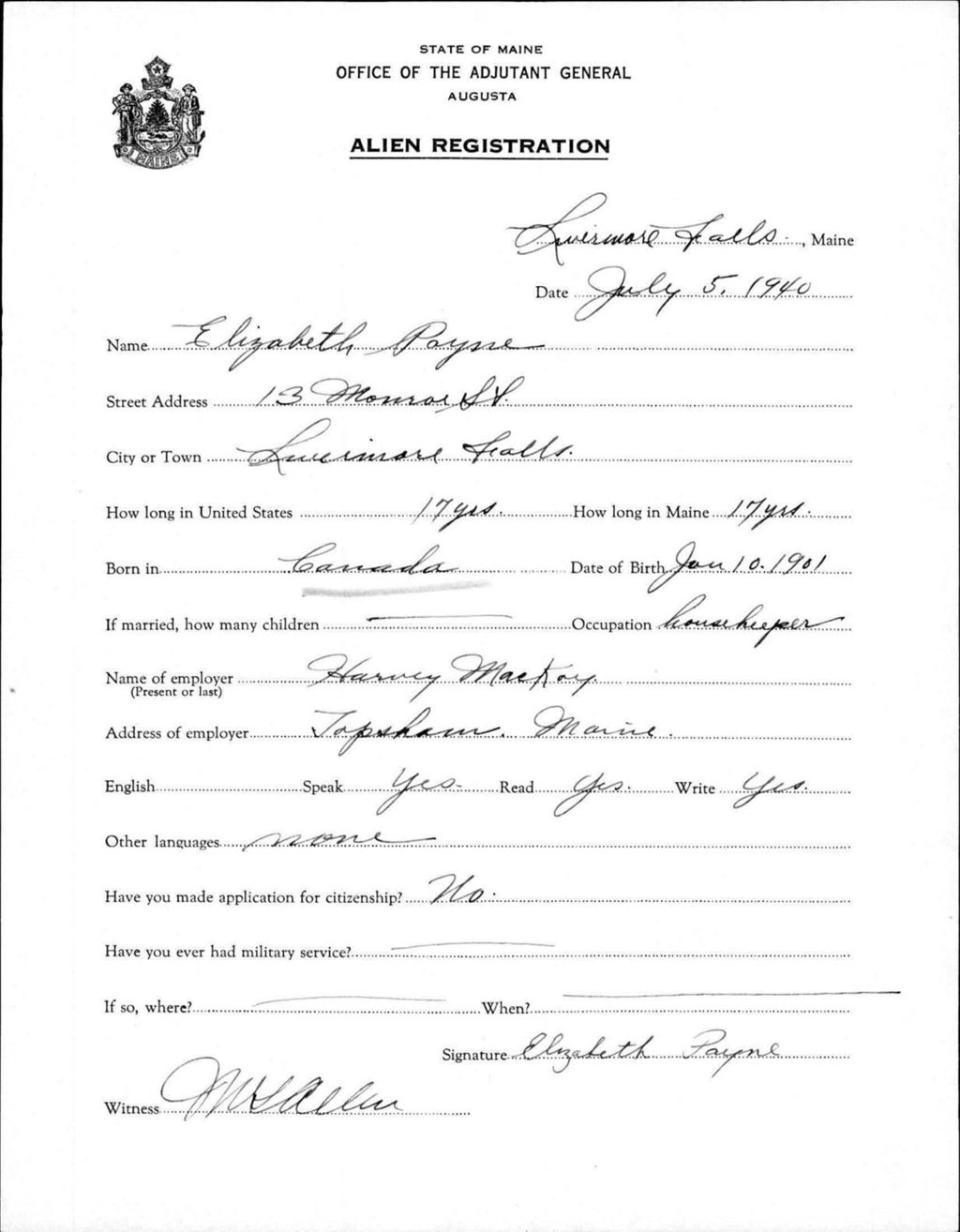 Miniature of Alien Registration- Payne, Elizabeth (Livermore Falls, Androscoggin County)