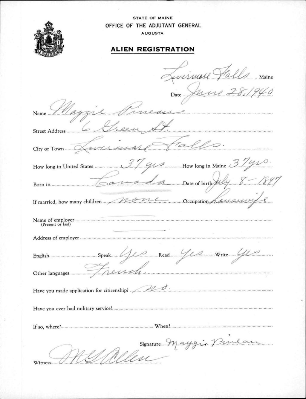 Miniature of Alien Registration- Pineau, Maggie (Livermore Falls, Androscoggin County)