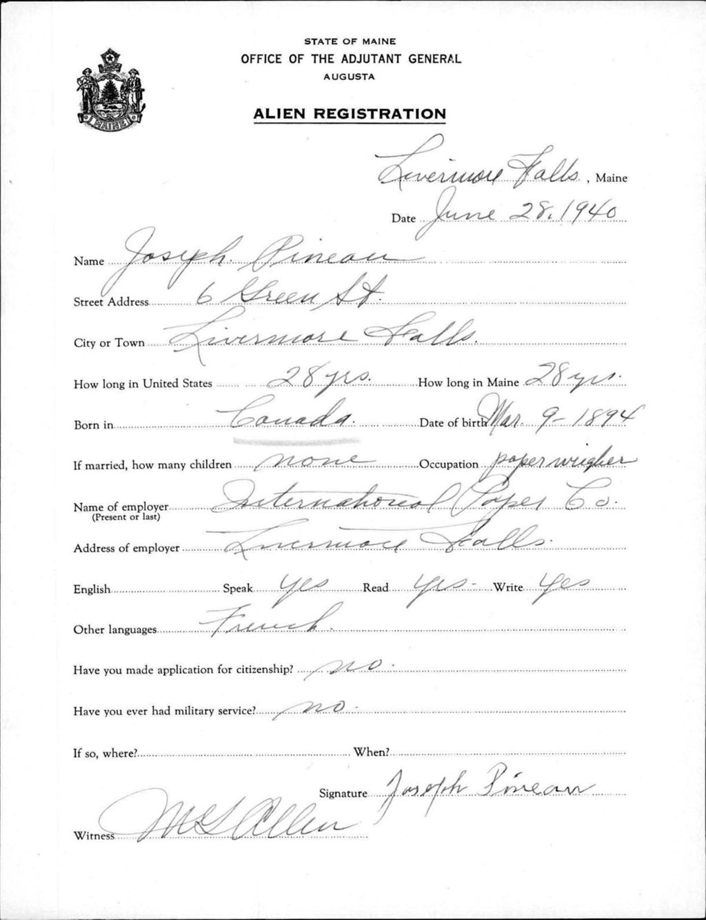 Miniature of Alien Registration- Pineau, Joseph (Livermore Falls, Androscoggin County)