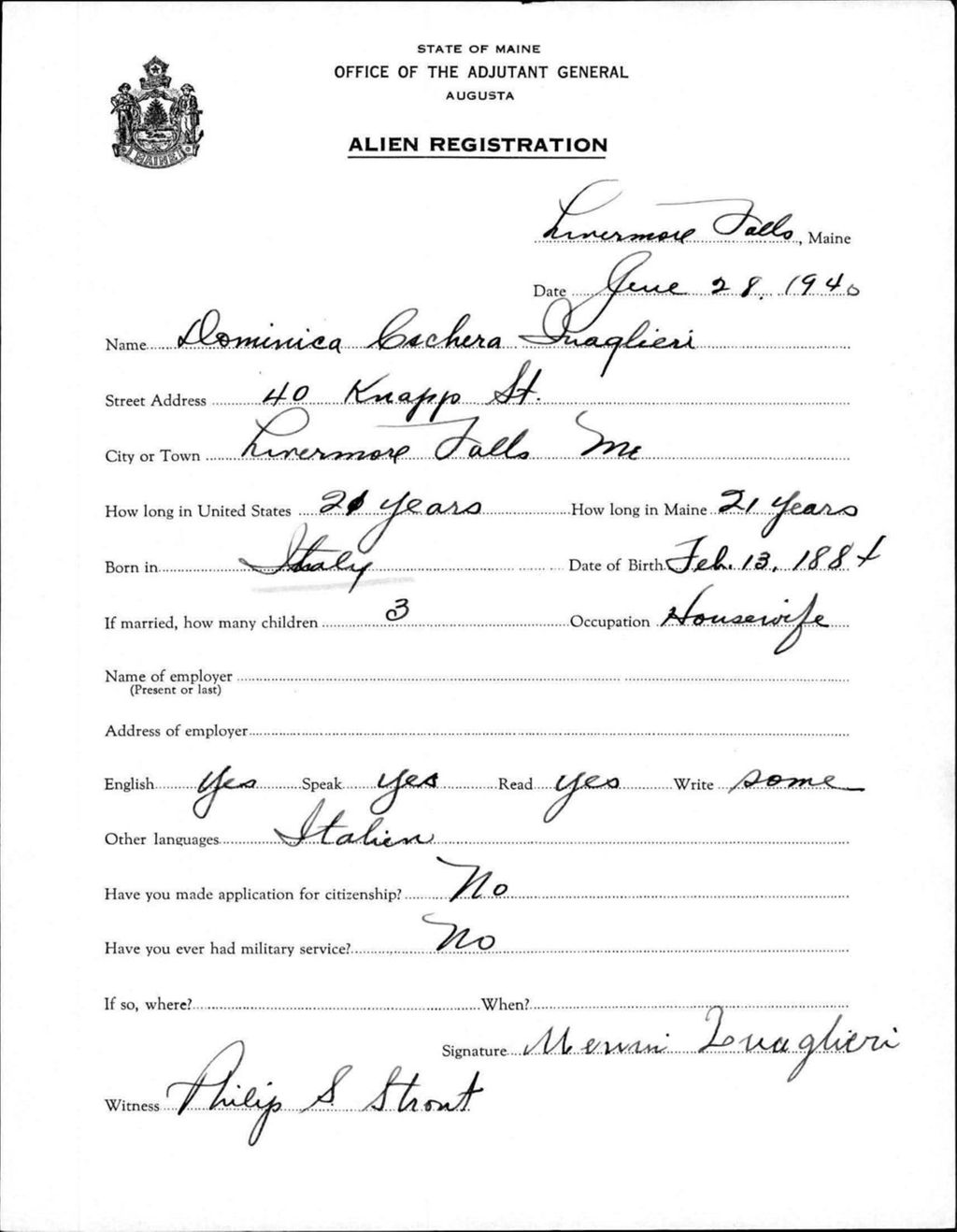 Miniature of Alien Registration- Inaglieri, Dominica C. (Livermore Falls, Androscoggin County)