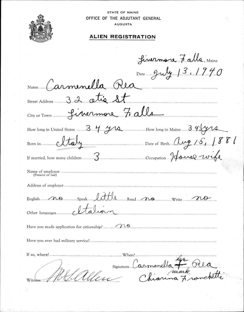 Miniature of Alien Registration- Rea, Carmenella (Livermore Falls, Androscoggin County)