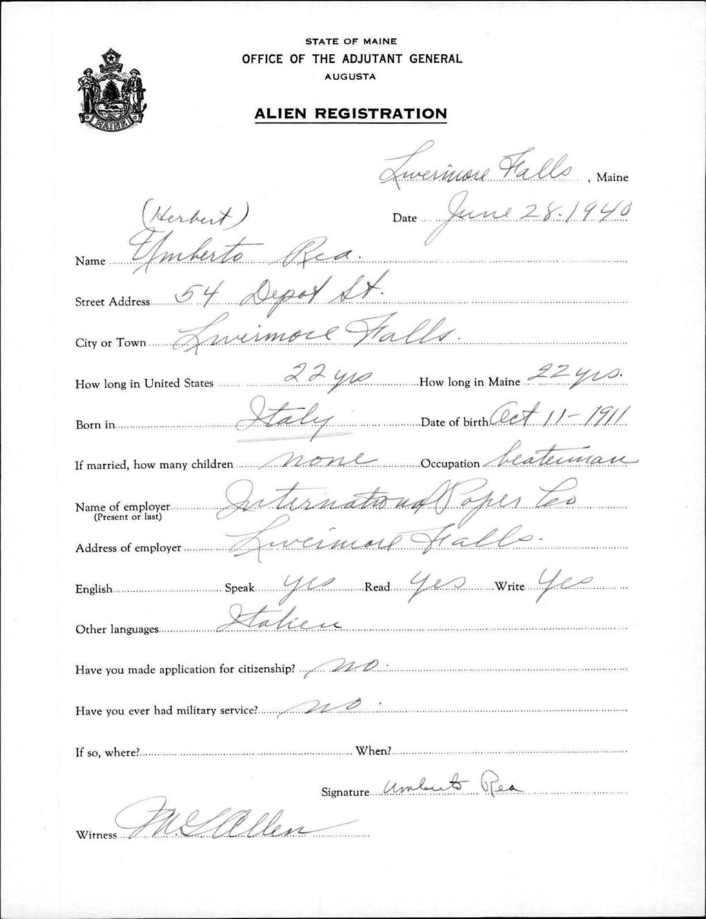Miniature of Alien Registration- Rea, Umberto (Livermore Falls, Androscoggin County)
