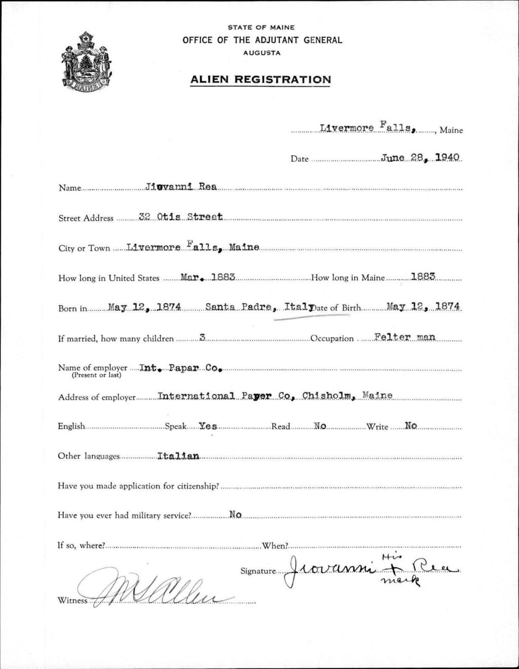 Miniature of Alien Registration- Rea, Jiovanni (Livermore Falls, Androscoggin County)