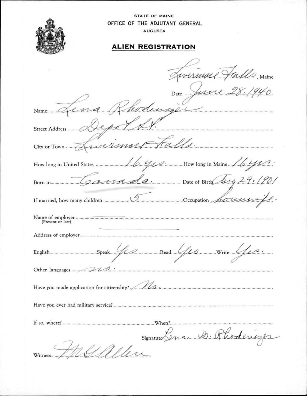 Miniature of Alien Registration- Rhodenizer, Lena (Livermore Falls, Androscoggin County)