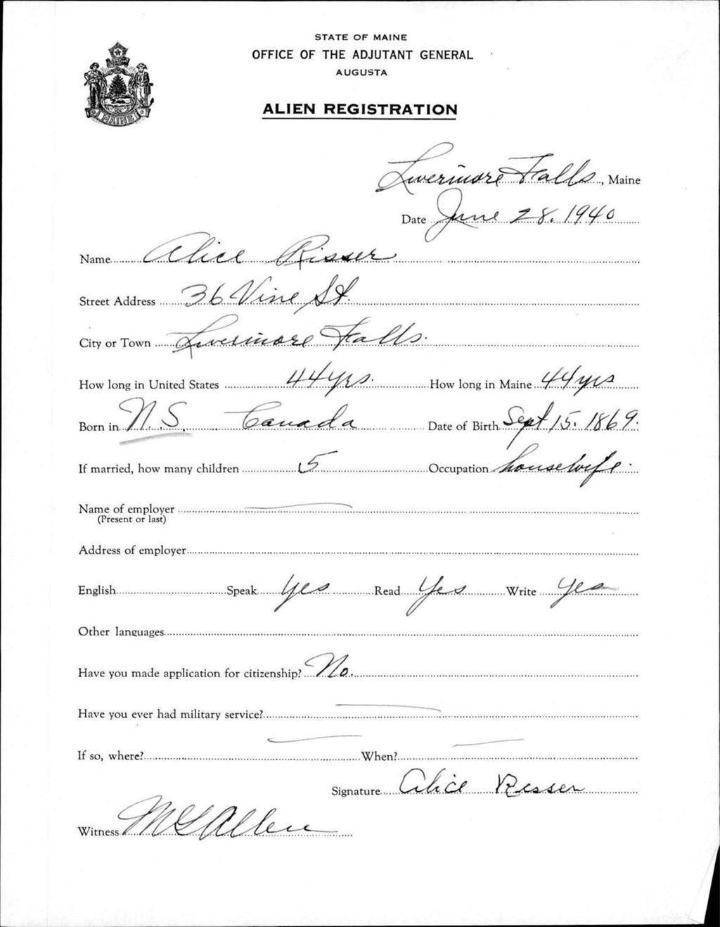 Miniature of Alien Registration- Risser, Alice (Livermore Falls, Androscoggin County)