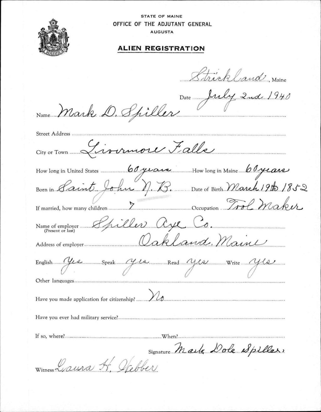 Miniature of Alien Registration- Spiller, Mark D. (Livermore Falls, Androscoggin County)