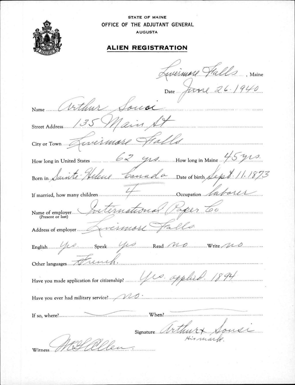 Miniature of Alien Registration- Sousi, Arthur (Livermore Falls, Androscoggin County)