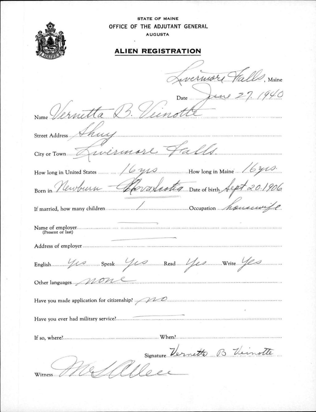 Miniature of Alien Registration- Veinotte, Vernetta B. (Livermore Falls, Androscoggin County)