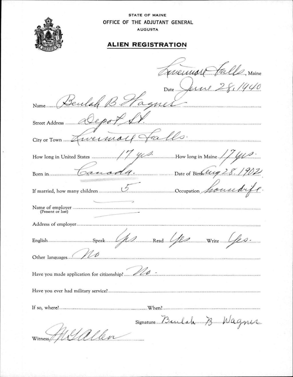 Miniature of Alien Registration- Wagner, Beulah B. (Livermore Falls, Androscoggin County)