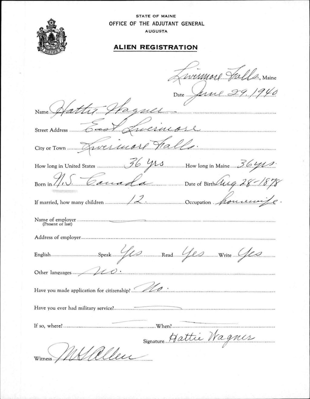 Miniature of Alien Registration- Wagner, Hattie (Livermore Falls, Androscoggin County)