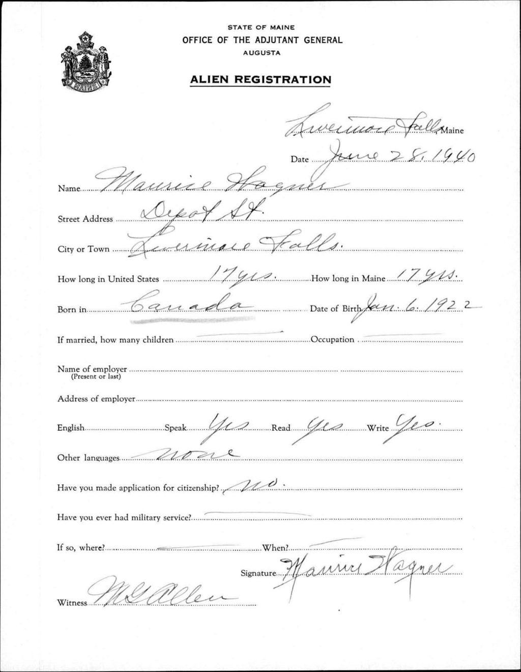 Miniature of Alien Registration- Wagner, Maurice (Livermore Falls, Androscoggin County)