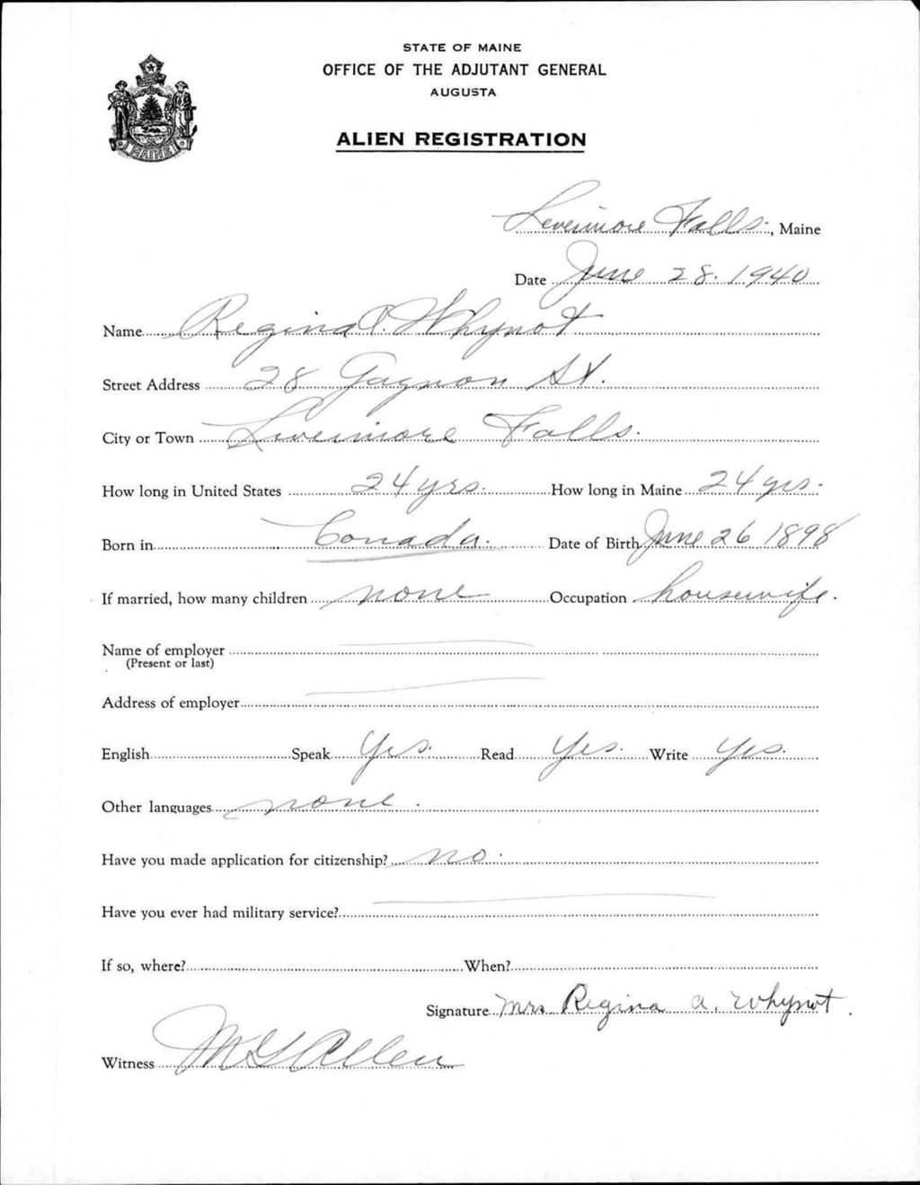 Miniature of Alien Registration- Whynot, Regina A. (Livermore Falls, Androscoggin County)