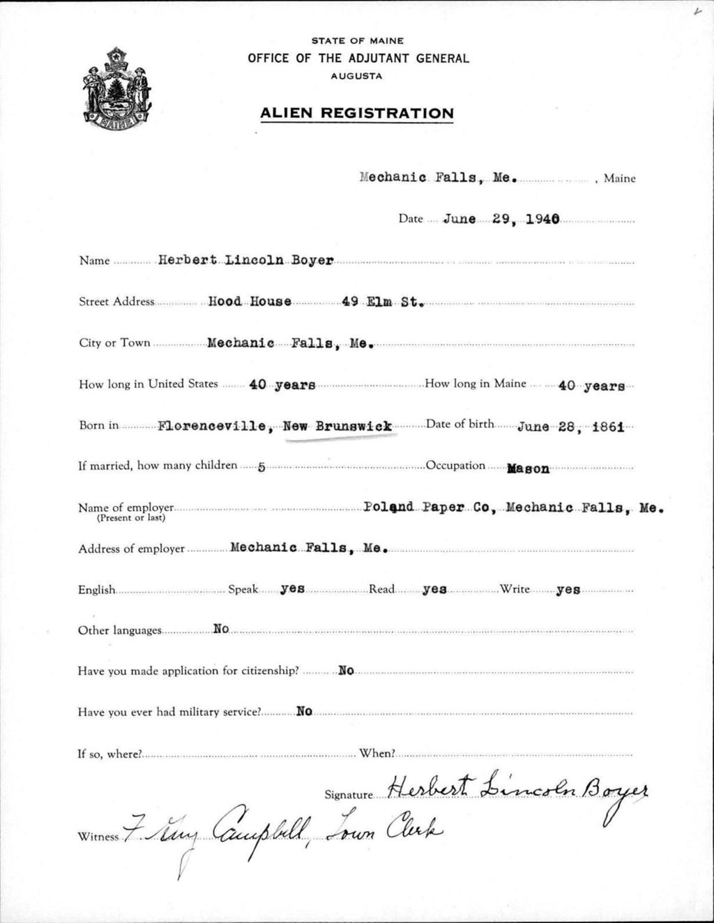 Miniature of Alien Registration- Boyer, Herbert L. (Livermore Falls, Androscoggin County)