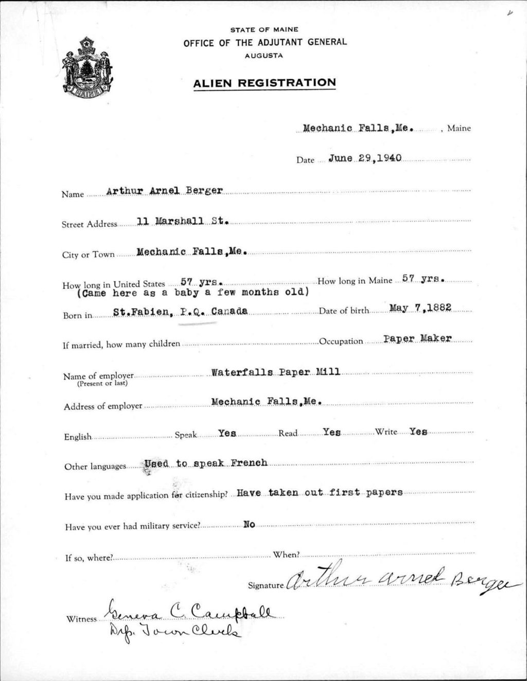 Miniature of Alien Registration- Berger, Arthur A. (Mechanic Falls, Androscoggin County)
