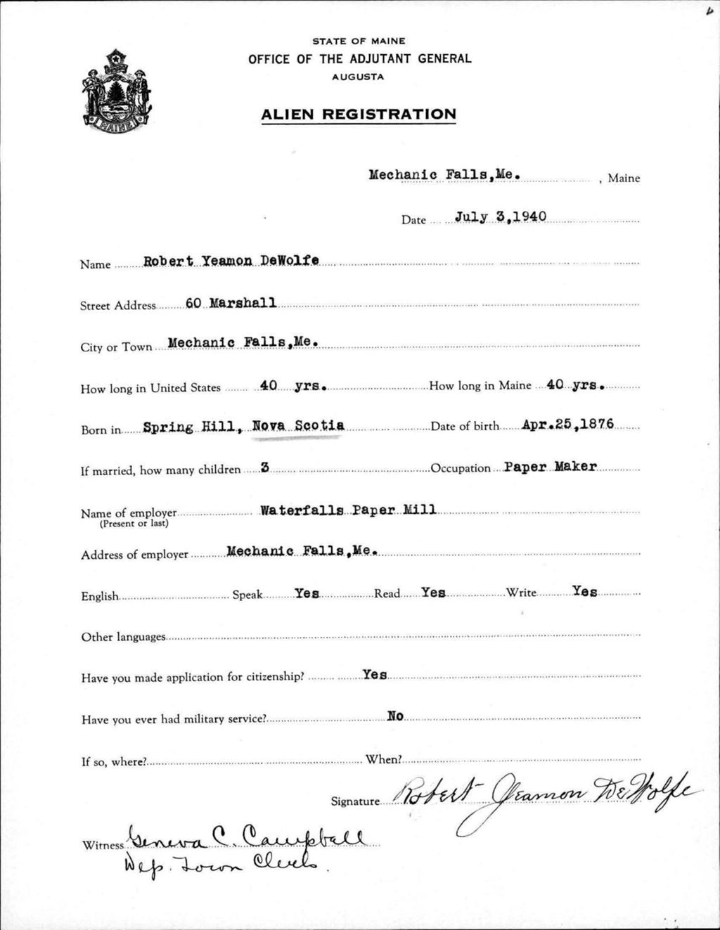 Miniature of Alien Registration- Dewolfe, Robert Y. (Livermore Falls, Androscoggin County)