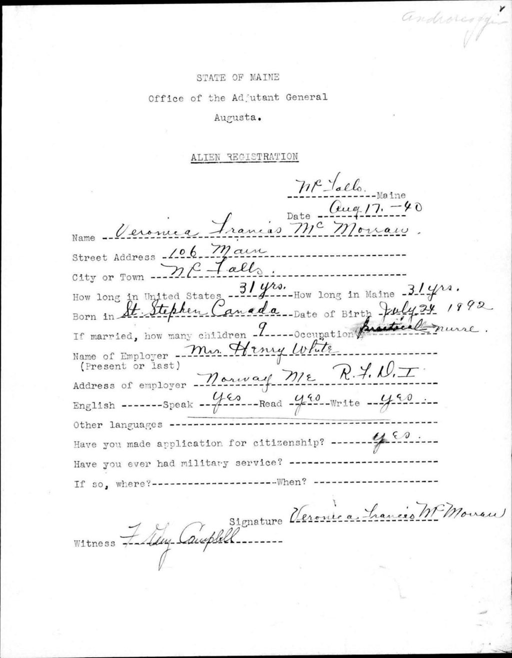 Miniature of Alien Registration- Mcmorreau, Veronica F. (Livermore Falls, Androscoggin County)