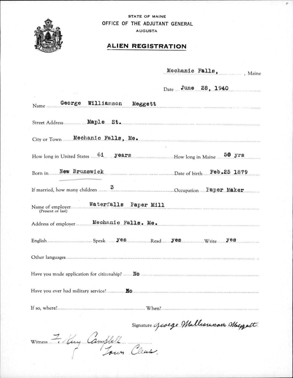 Miniature of Alien Registration- Meggett, Georgia W. (Livermore Falls, Androscoggin County)