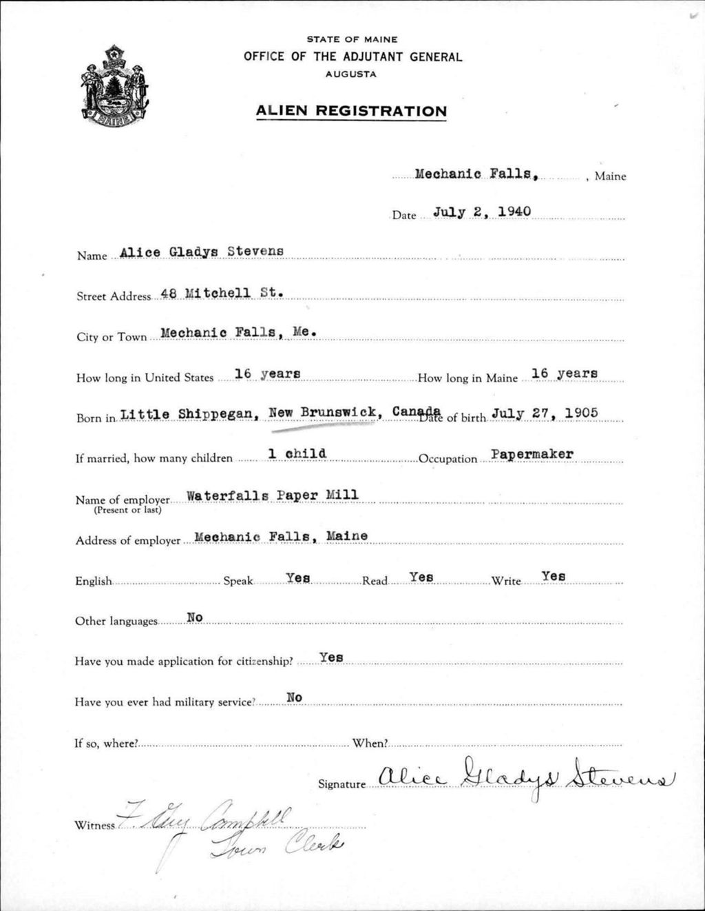 Miniature of Alien Registration- Stevens, Alice G. (Livermore Falls, Androscoggin County)