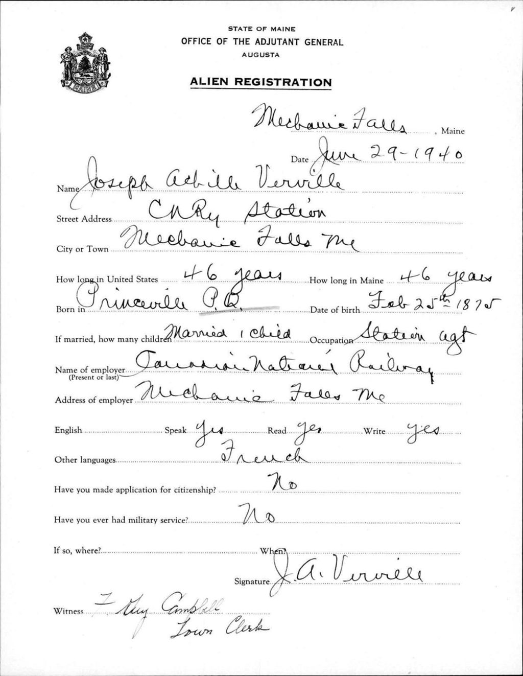 Miniature of Alien Registration- Verville, Joseph A. (Livermore Falls, Androscoggin County)