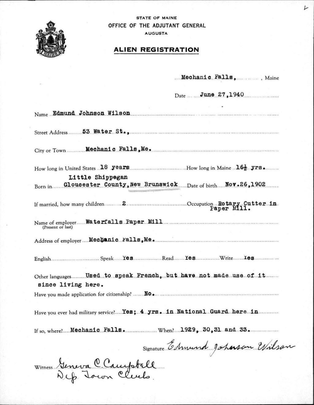 Miniature of Alien Registration- Wilson, Edmund J. (Livermore Falls, Androscoggin County)