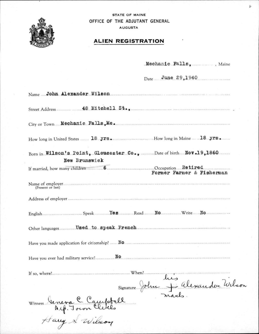 Miniature of Alien Registration- Wilson, John A. (Livermore Falls, Androscoggin County)