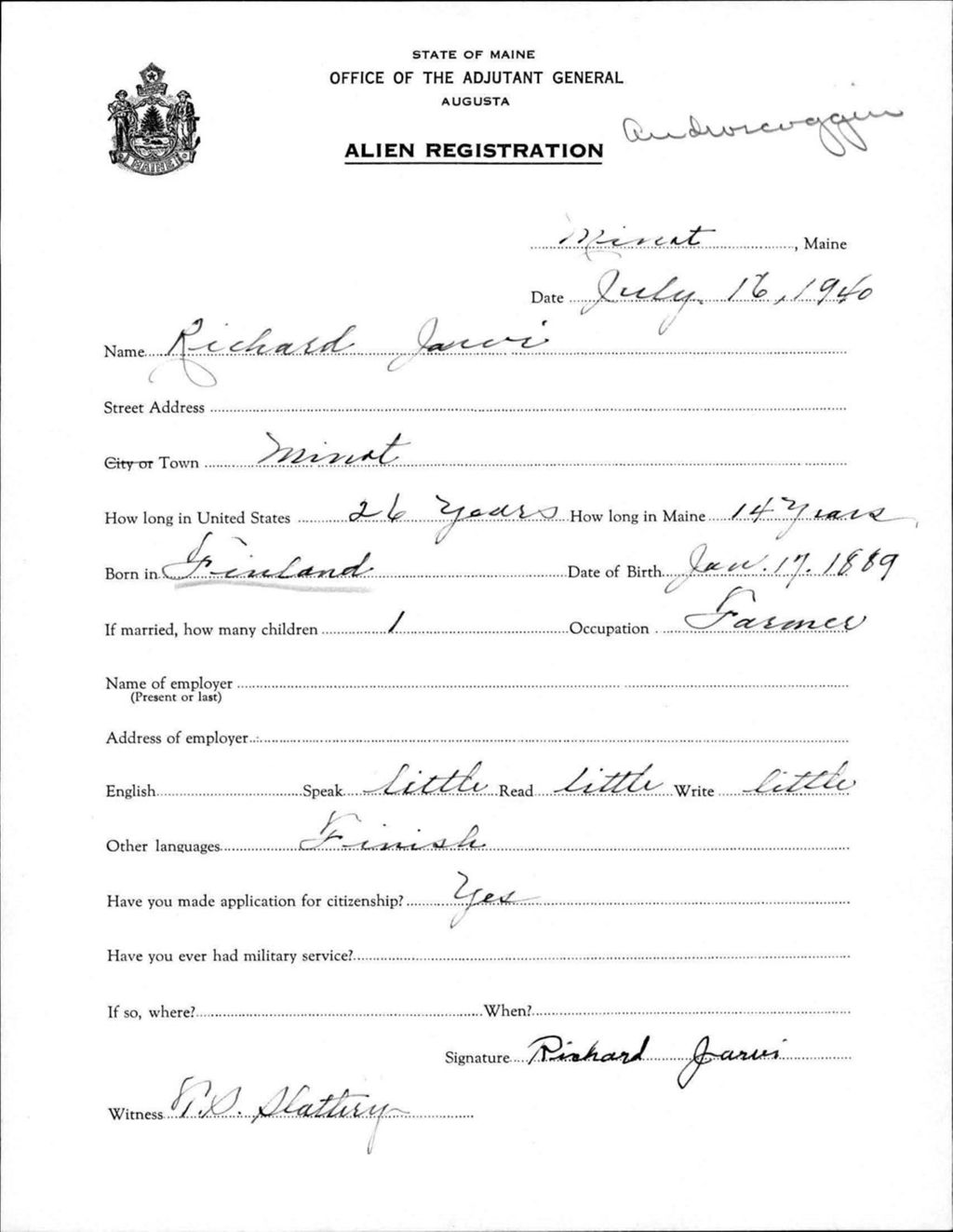 Miniature of Alien Registration- Jarvi, Richard (Livermore Falls, Androscoggin County)