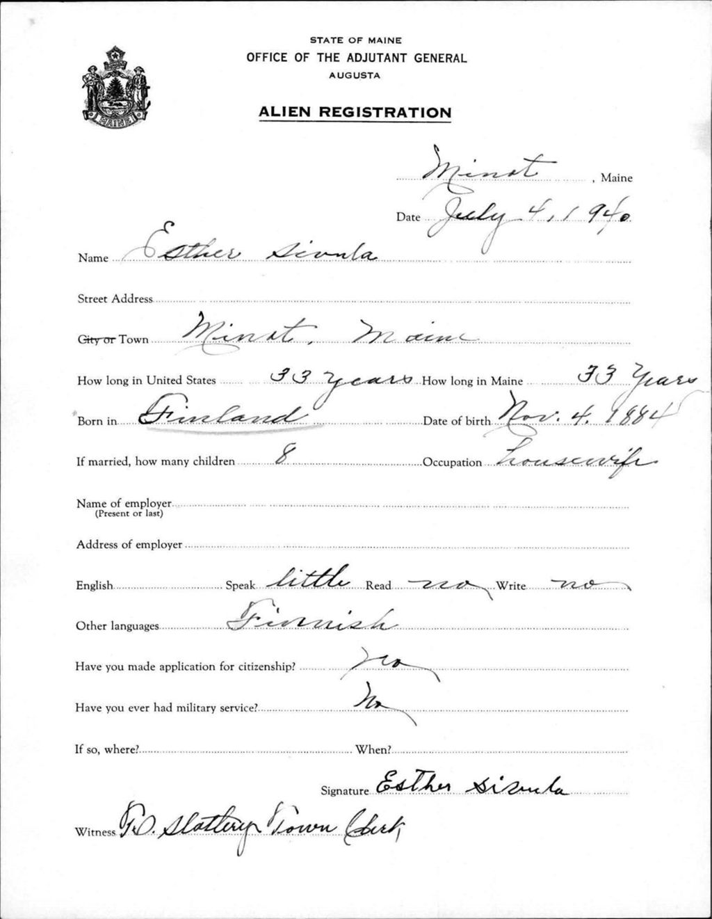 Miniature of Alien Registration- Sivula, Esther (Livermore Falls, Androscoggin County)