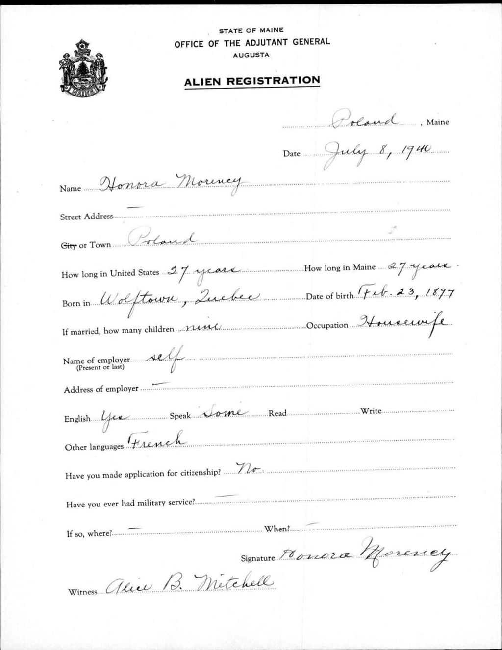 Miniature of Alien Registration- Morency, Honora (Livermore Falls, Androscoggin County)
