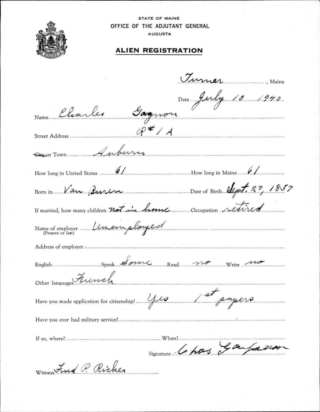 Miniature of Alien Registration- Gagnon, Charles (Livermore Falls, Androscoggin County)