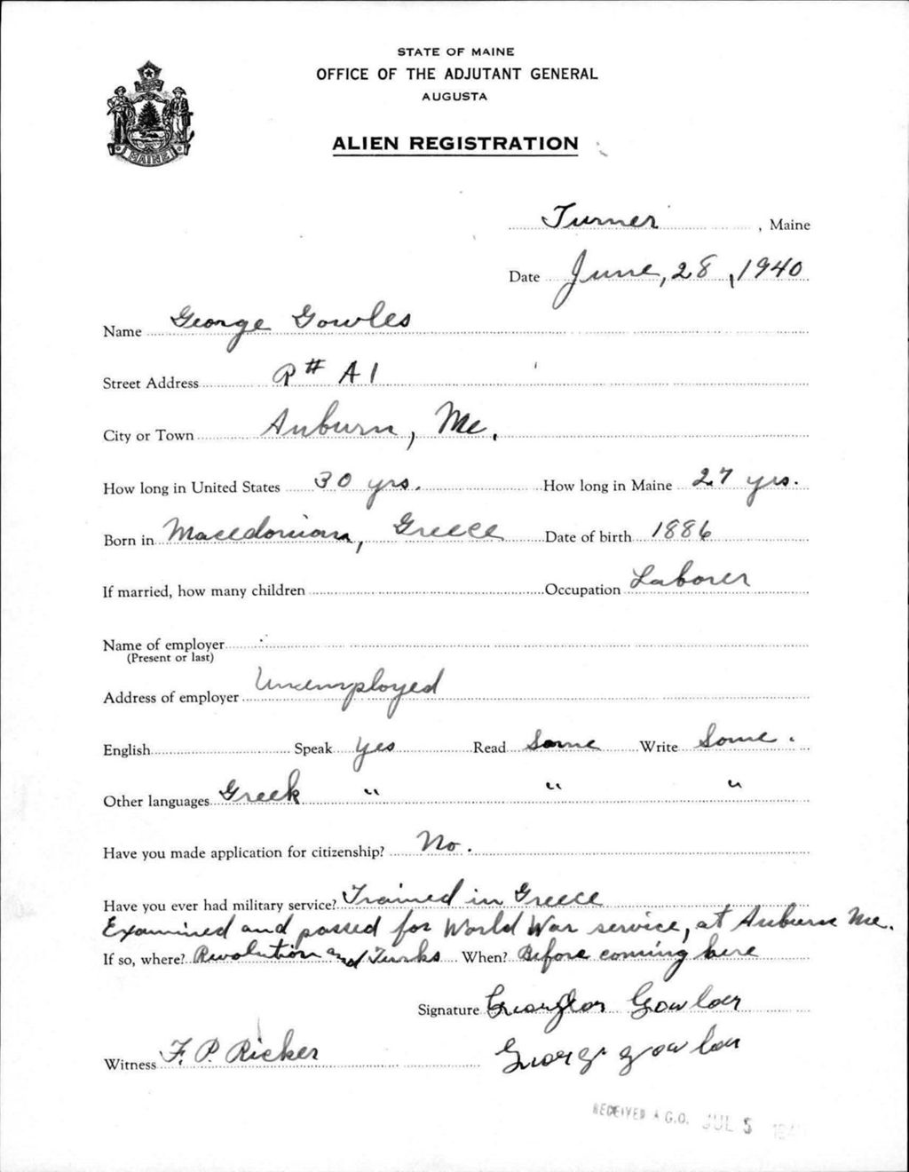 Miniature of Alien Registration- Gowles, George (Livermore Falls, Androscoggin County)