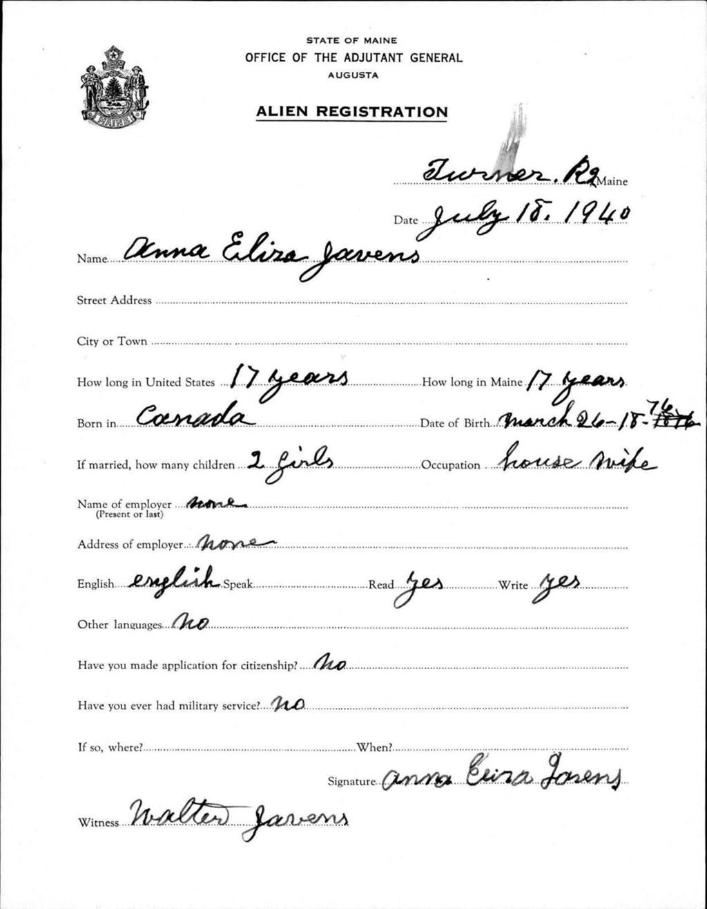 Miniature of Alien Registration- Javens, Anna E. (Livermore Falls, Androscoggin County)