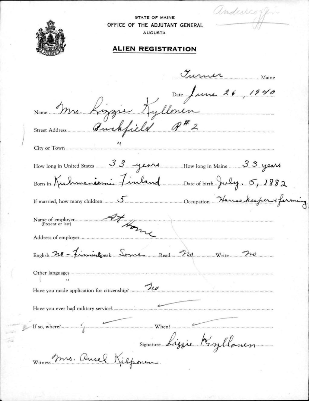 Miniature of Alien Registration- Kyllonen, Lizzie (Livermore Falls, Androscoggin County)