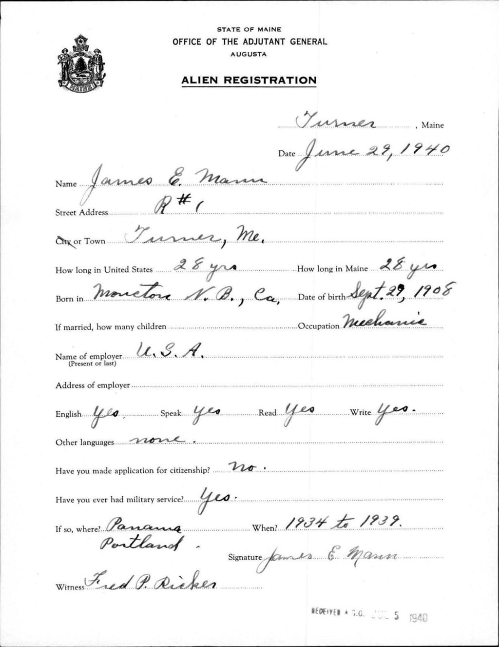 Miniature of Alien Registration- Mann, James E. (Livermore Falls, Androscoggin County)