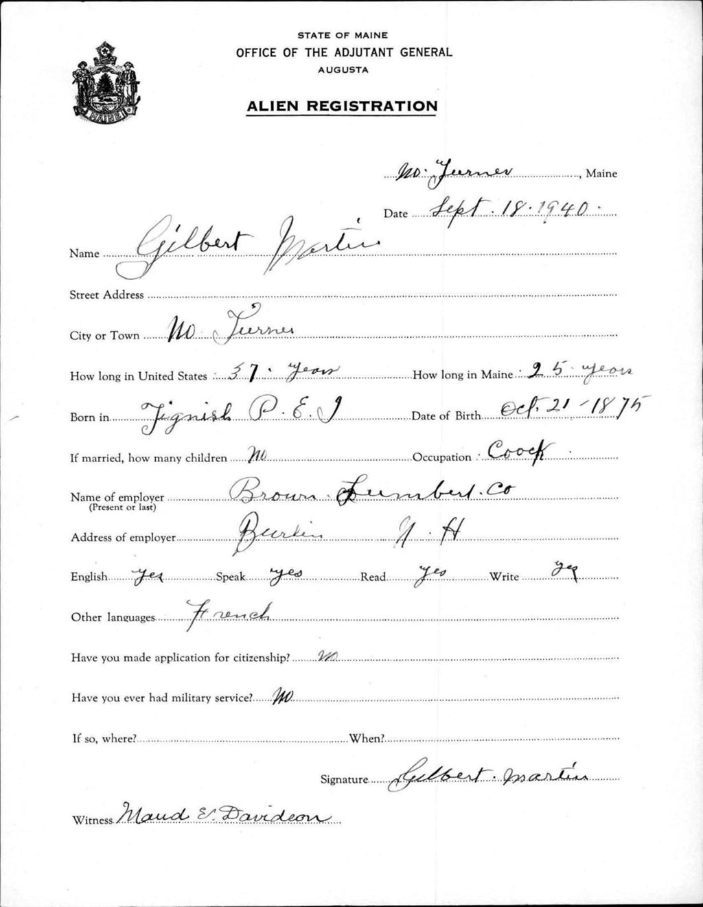 Miniature of Alien Registration- Martin, Gilbert (Livermore Falls, Androscoggin County)