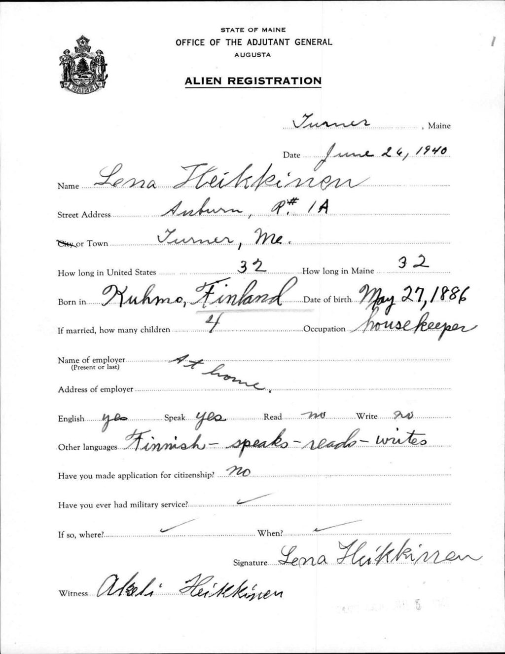 Miniature of Alien Registration- Heikkinen, Lena (Livermore Falls, Androscoggin County)