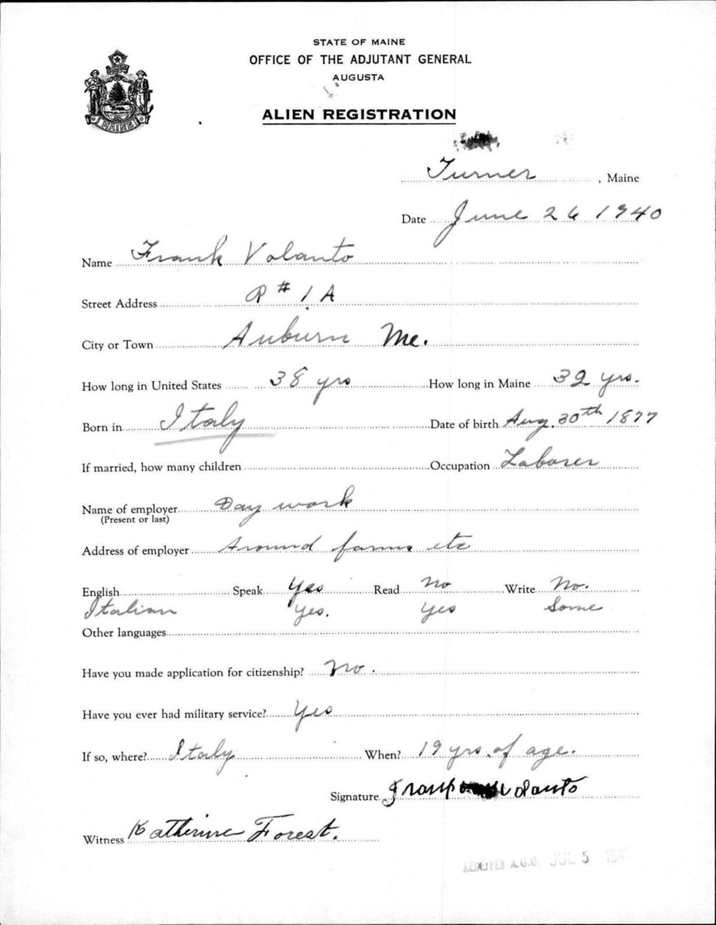 Miniature of Alien Registration- Valanto, Frank (Livermore Falls, Androscoggin County)