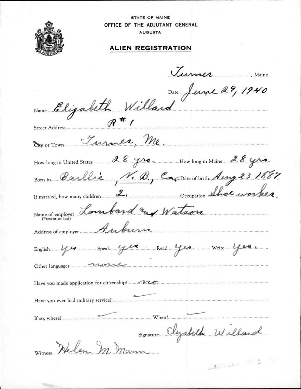 Miniature of Alien Registration- Willard, Elizabeth (Livermore Falls, Androscoggin County)