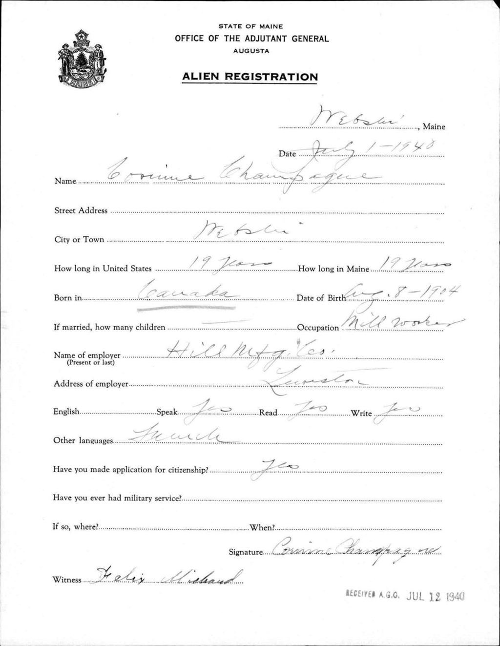 Miniature of Alien Registration- Champagne, Corinne (Livermore Falls, Androscoggin County)