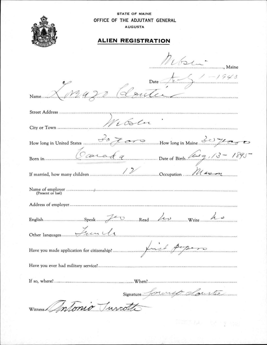 Miniature of Alien Registration- Cloutier, Lorenzo (Livermore Falls, Androscoggin County)