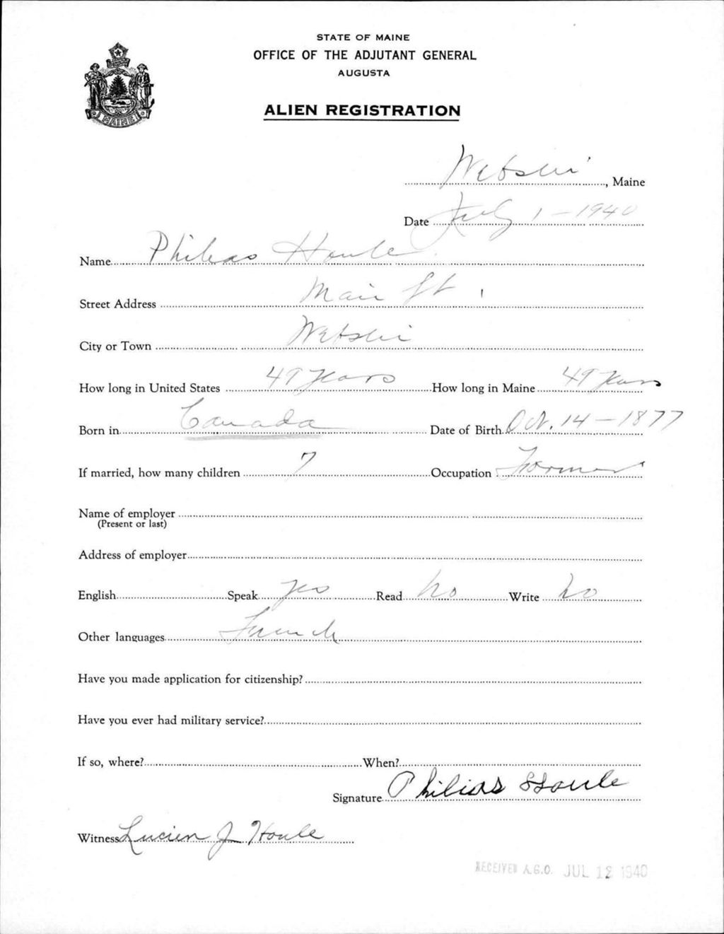 Miniature of Alien Registration- Houle, Philias (Livermore Falls, Androscoggin County)