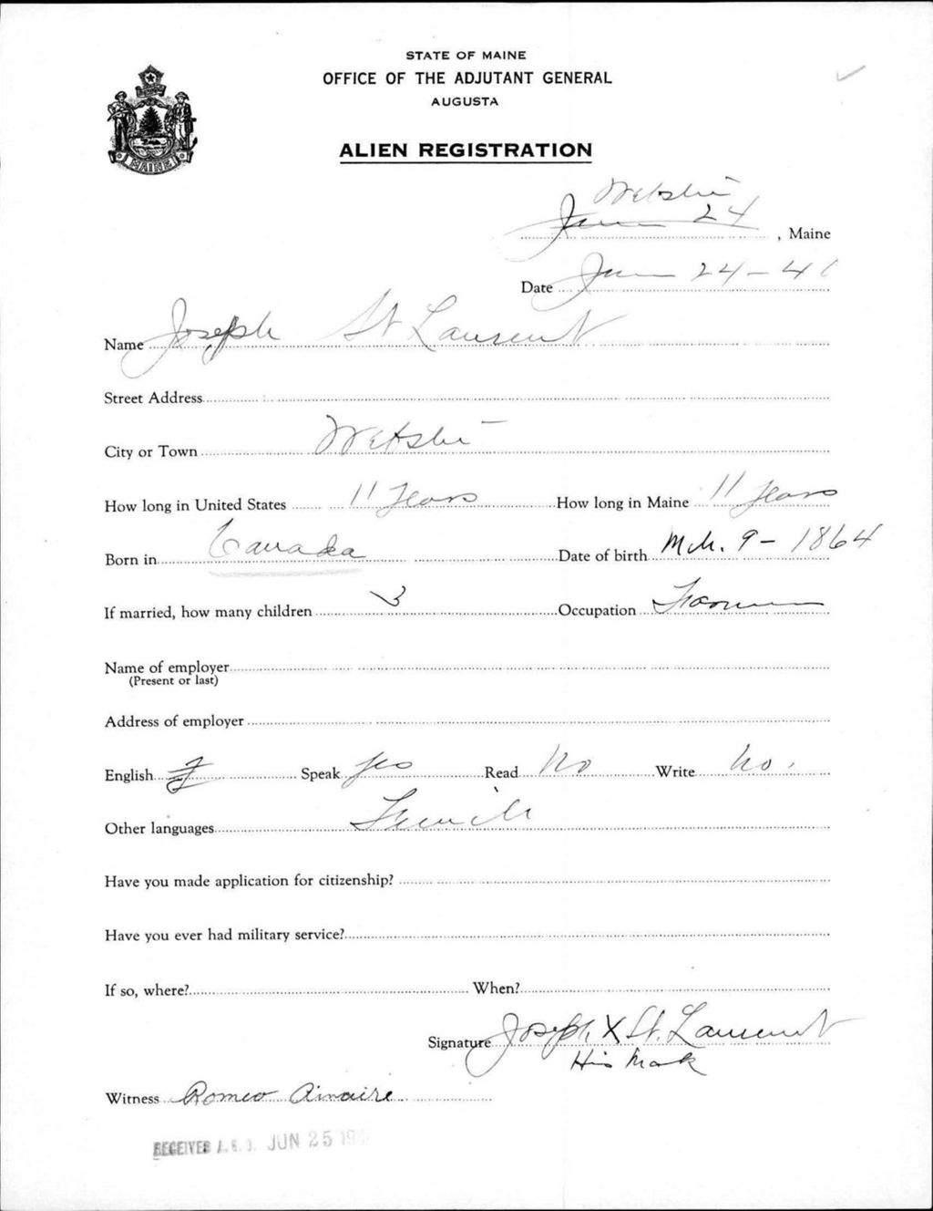 Miniature of Alien Registration- St Laurent, Joseph (Livermore Falls, Androscoggin County)