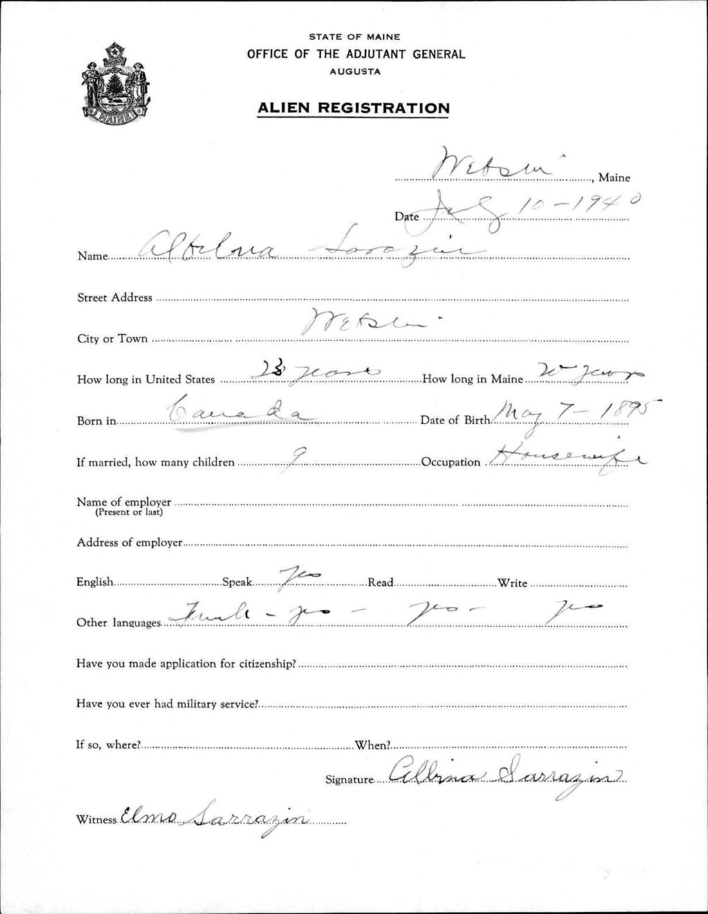 Miniature of Alien Registration- Sarrazin, Albrina (Livermore Falls, Androscoggin County)