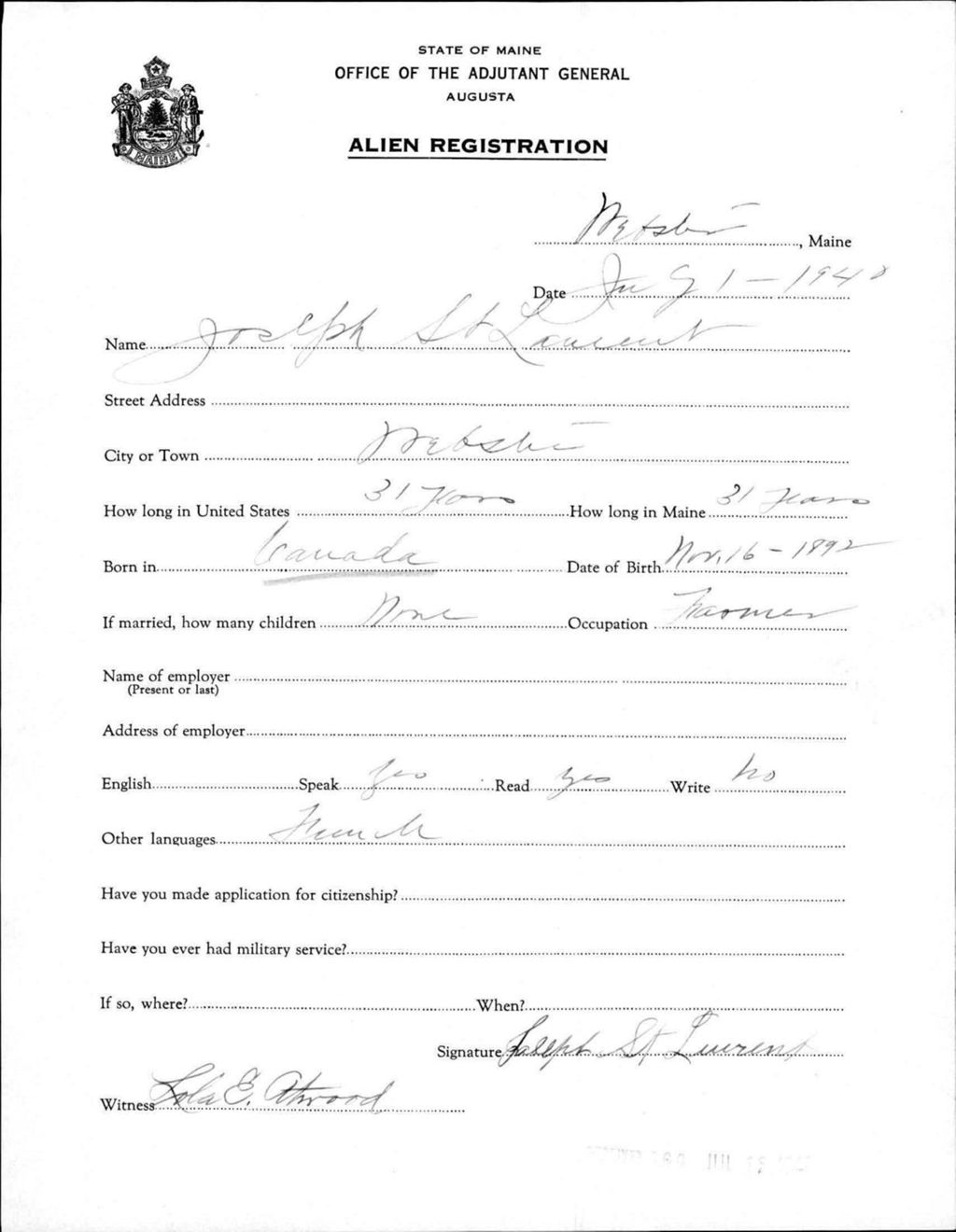 Miniature of Alien Registration- St Laurent, Joseph (Livermore Falls, Androscoggin County)