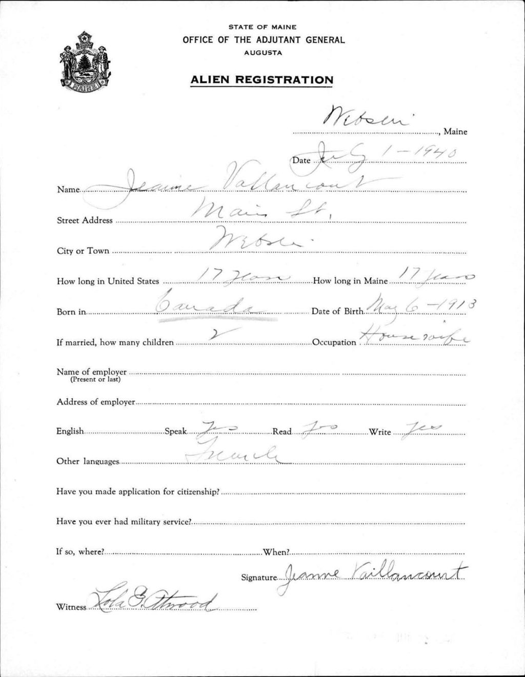 Miniature of Alien Registration- Vaillancourt, Jeanne (Livermore Falls, Androscoggin County)