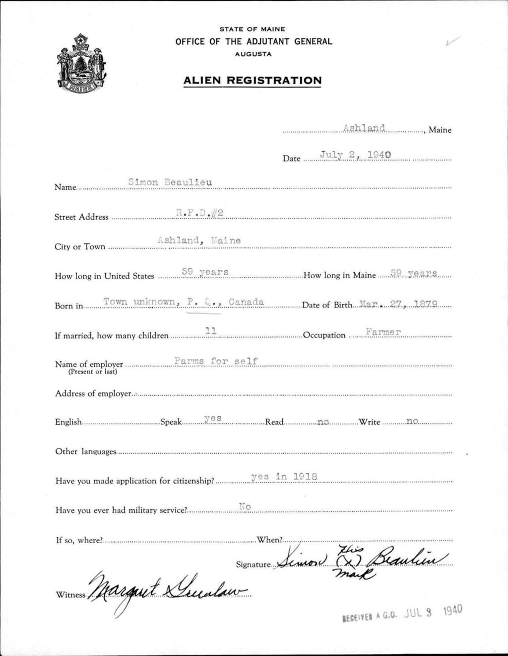 Miniature of Alien Registration- Beaulieu, Simon (Ashland, Aroostook County)