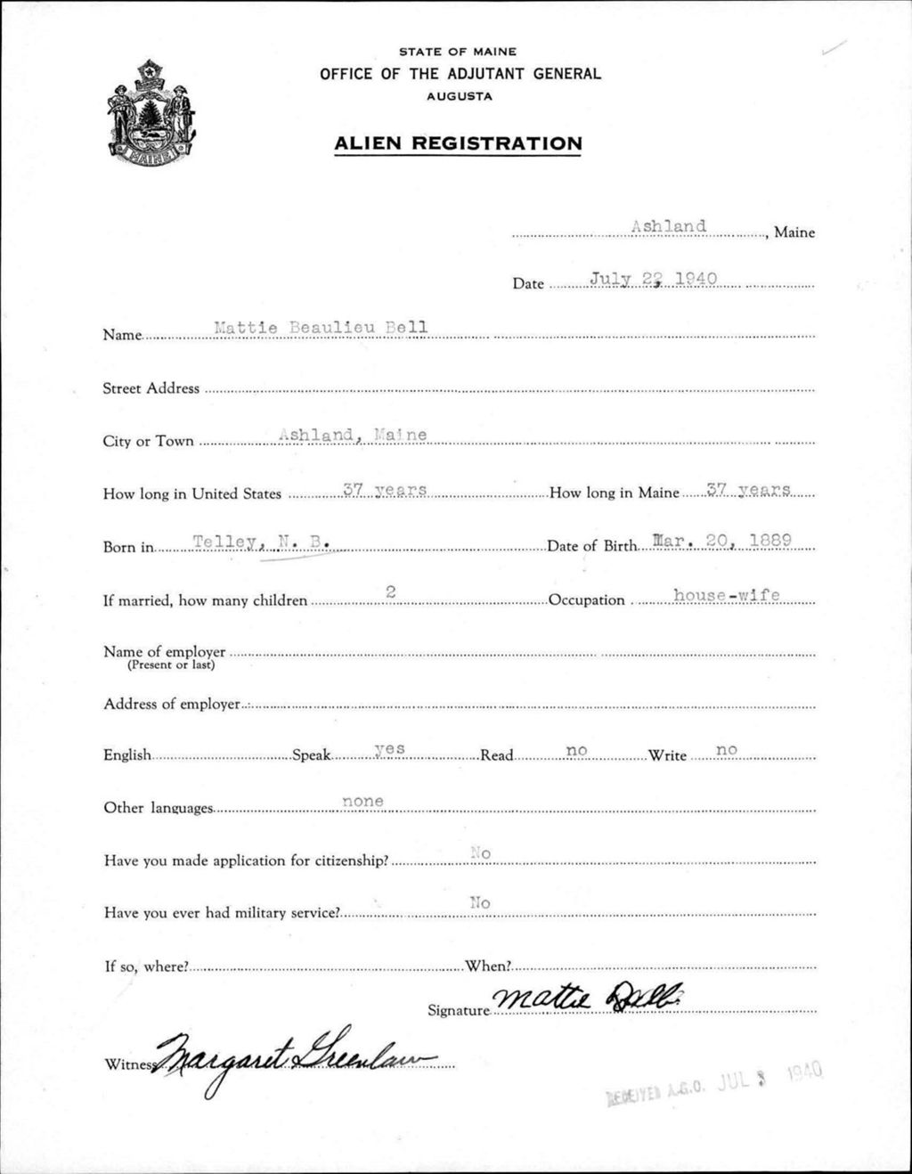 Miniature of Alien Registration- Beaulieu, Mattie (Ashland, Aroostook County)