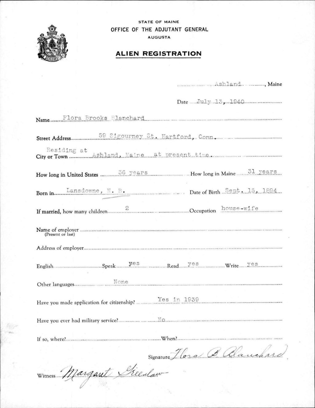 Miniature of Alien Registration- Brooks, Flora (Ashland, Aroostook County)