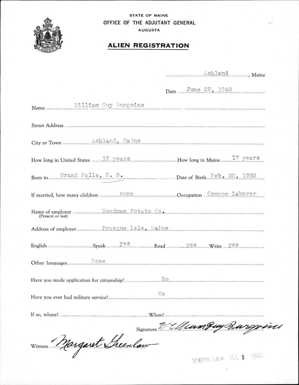 Miniature of Alien Registration- Burgoine, William G. (Ashland, Aroostook County)