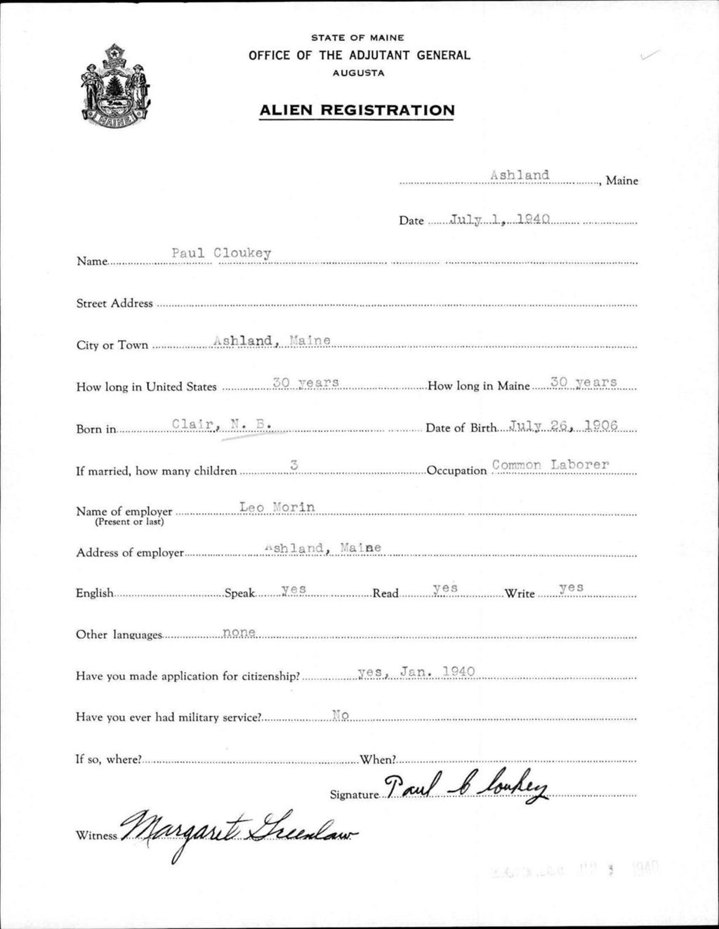 Miniature of Alien Registration- Cloukey, Paul (Ashland, Aroostook County)