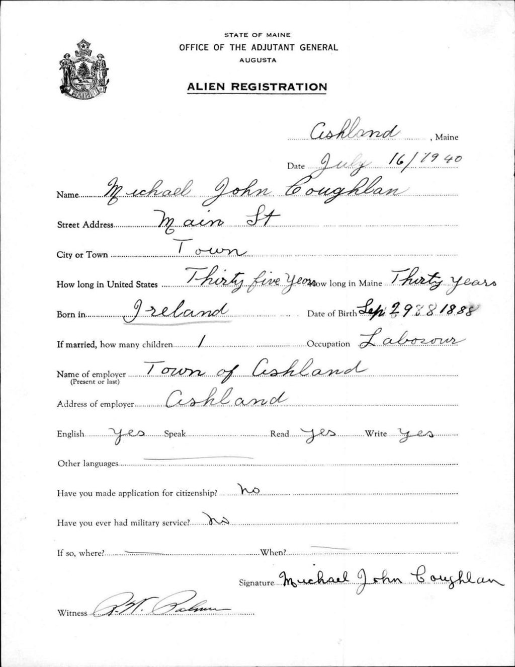 Miniature of Alien Registration- Coughlan, Michael J. (Ashland, Aroostook County)
